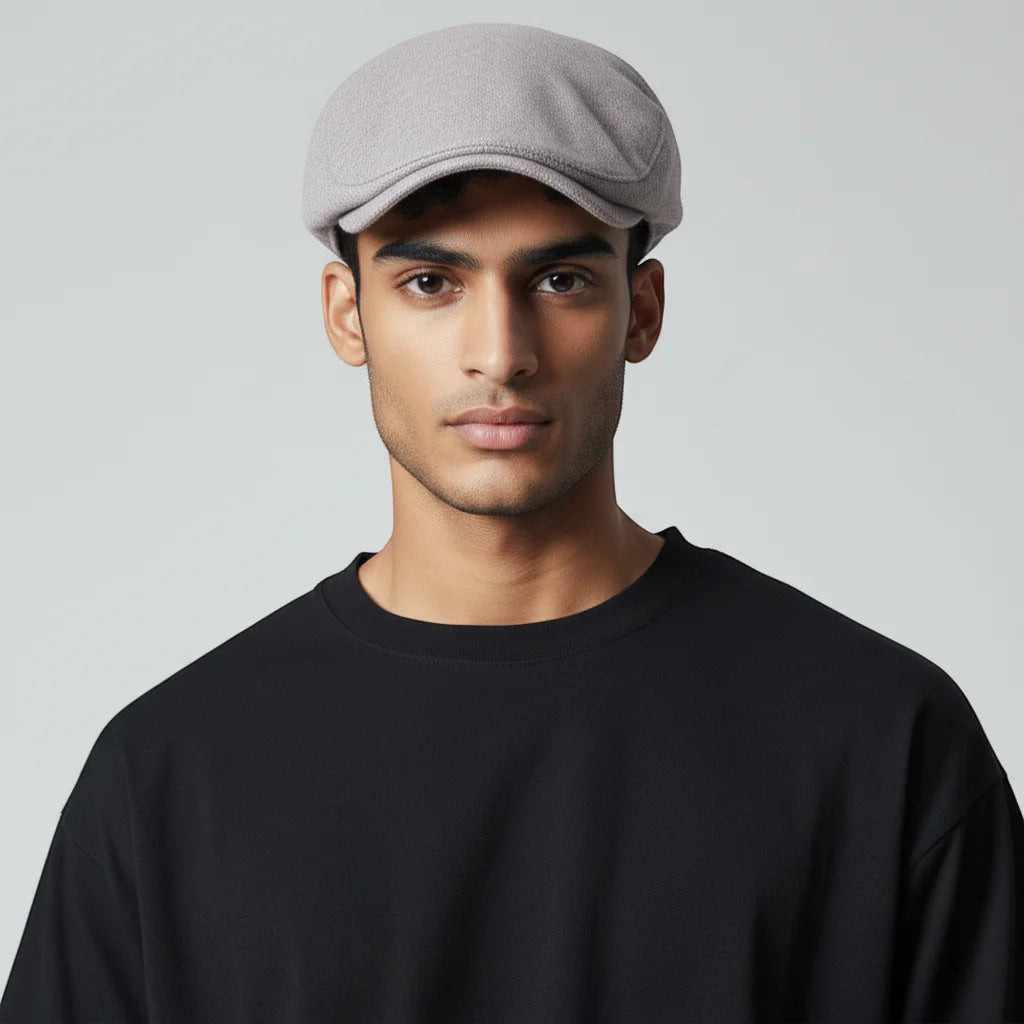Grey flat cap beret in soft gray felt with structured curved brim