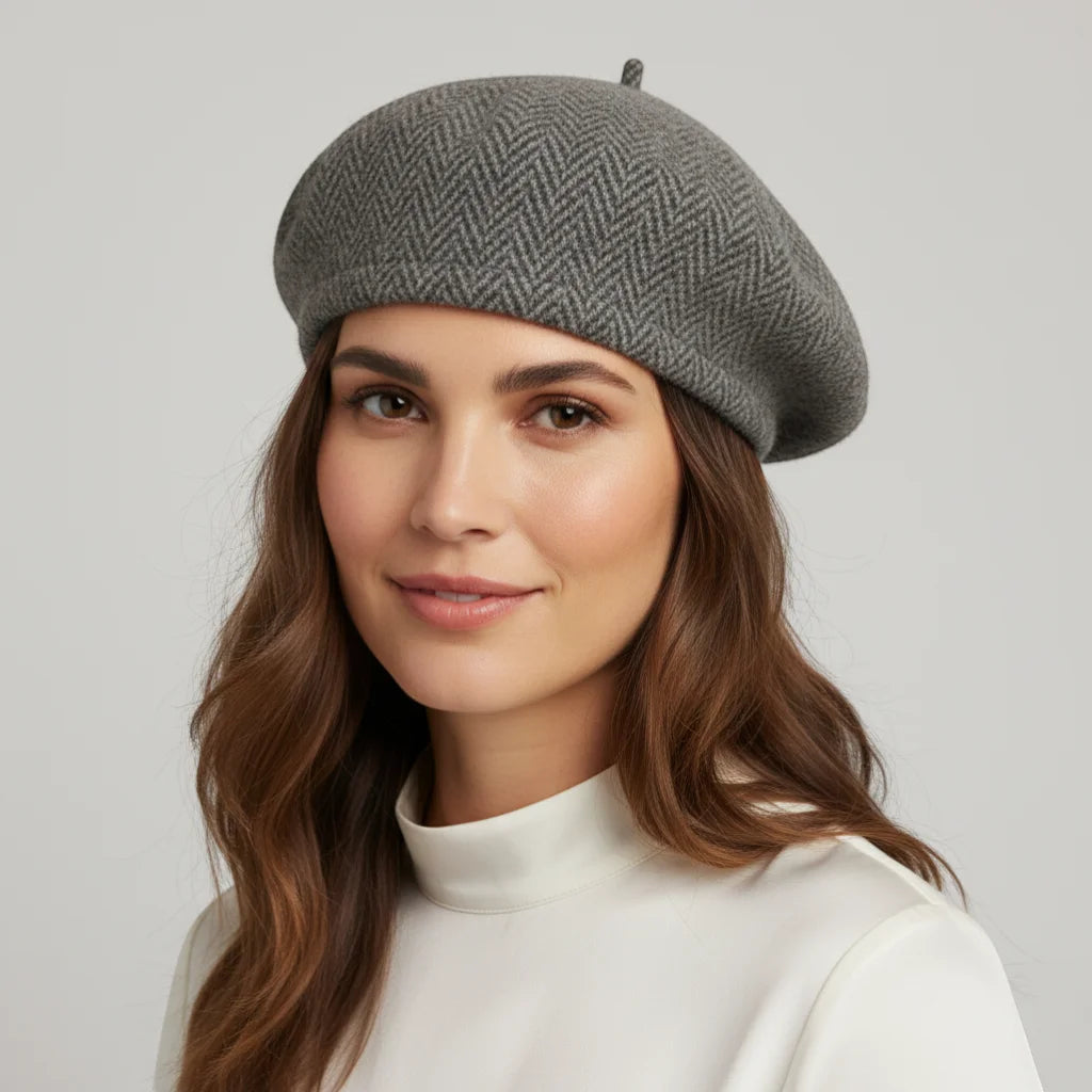 Grey French wool beret in gray herringbone pattern with top button
