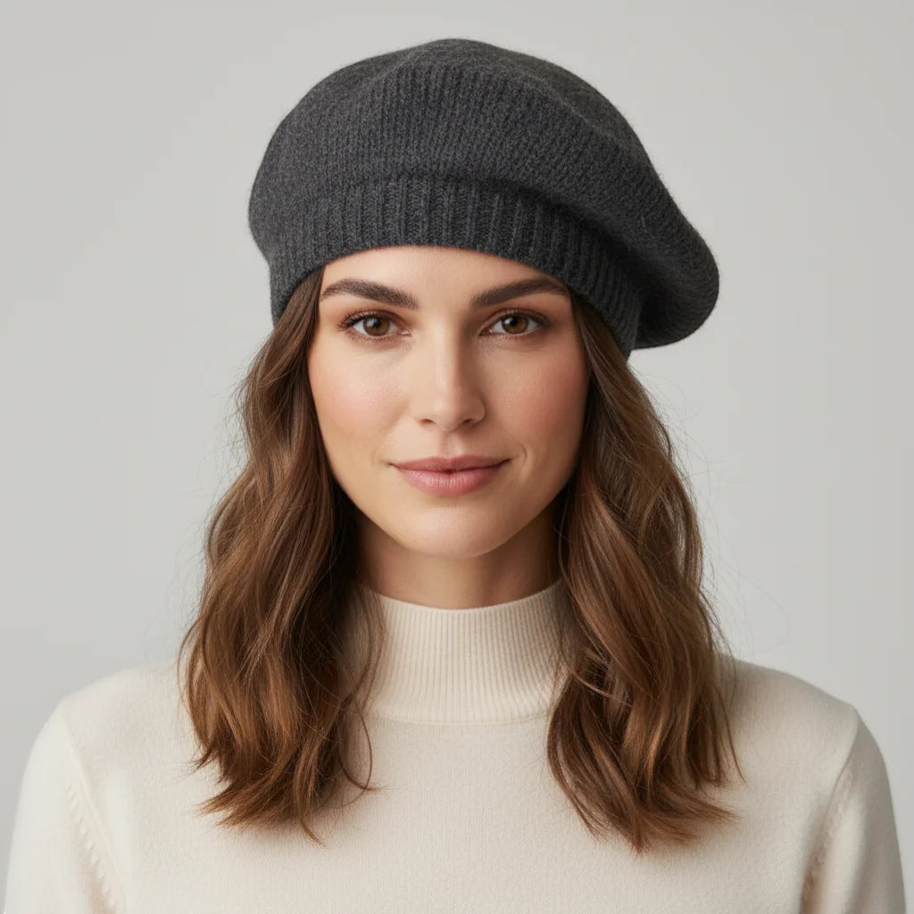 Dark gray knitted Grey Wool Beret with soft ribbed texture and folded brim