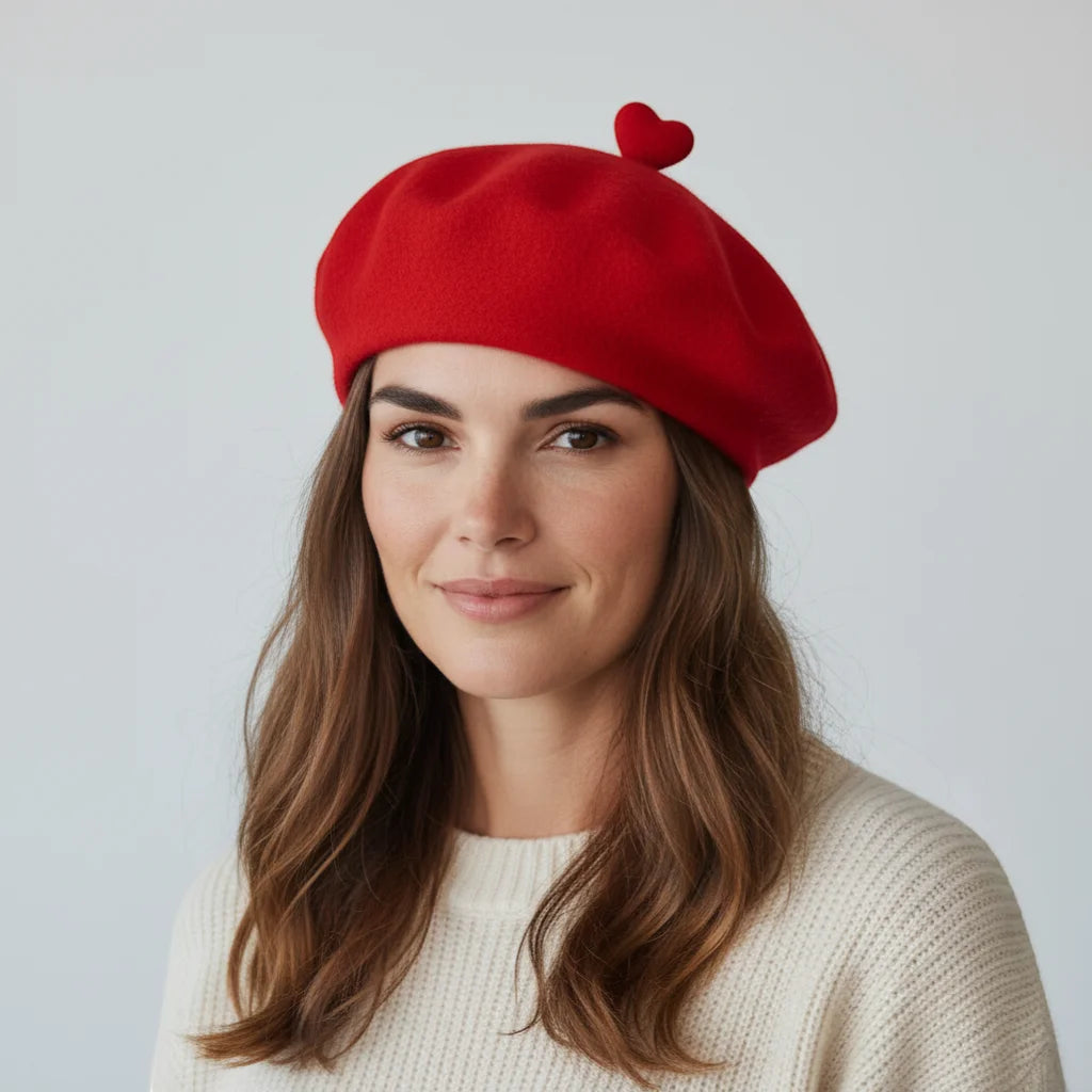 Vibrant red wool Heart Beret with heart-shaped pom-pom