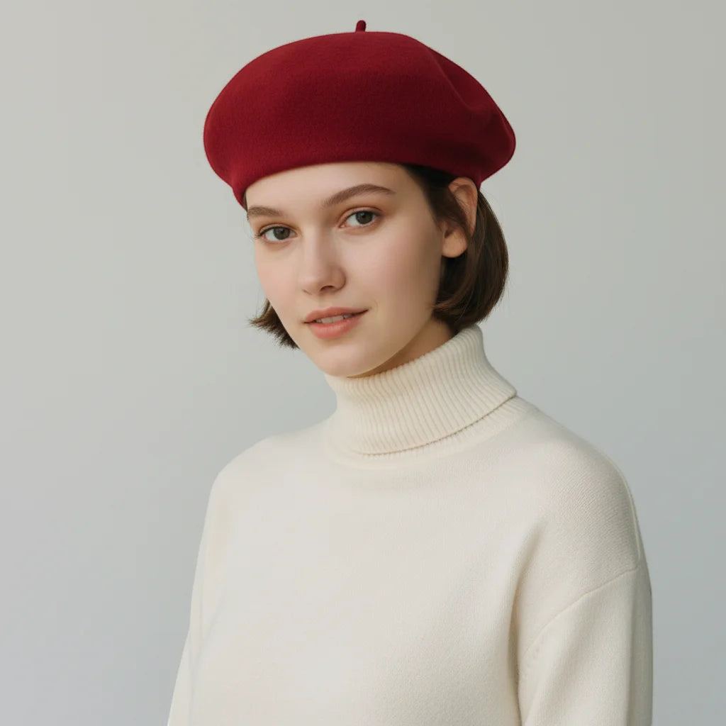 Rich red velvet Heart Shaped Beret with soft rounded crown and top button