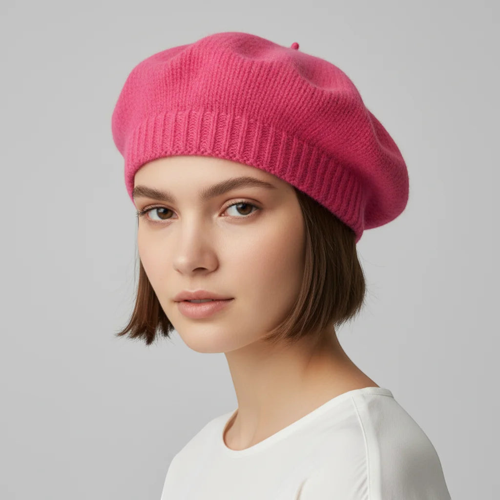 Hot Pink Beret: soft vibrant pink knitted beret with ribbed brim