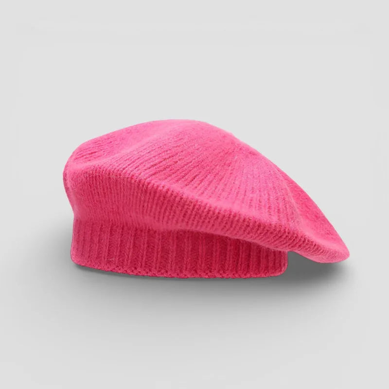 Hot Pink Beret: vibrant pink ribbed knit with textured surface and folded brim
