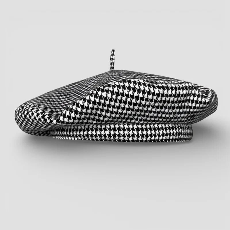 Classic black and white houndstooth beret with top button