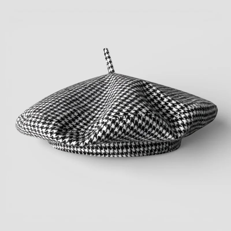 Classic black and white houndstooth beret with matching button