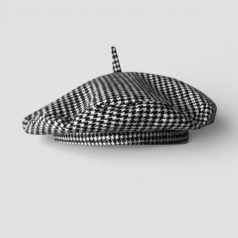 Classic black and white houndstooth beret with fabric tip