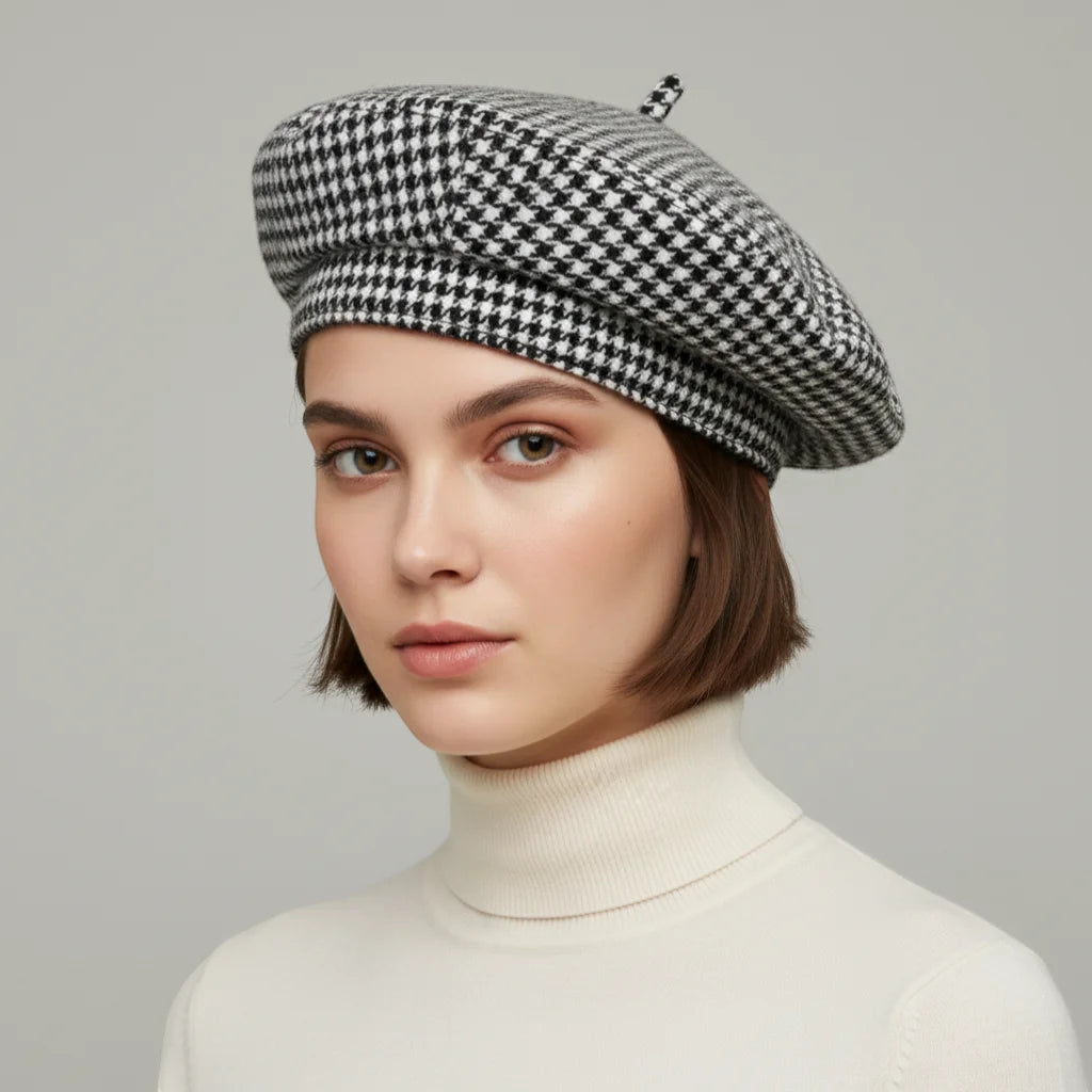 Classic black and white houndstooth wool Houndstooth Beret with top button