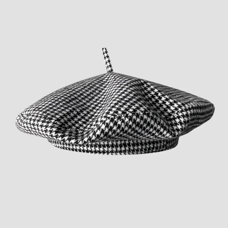 Houndstooth beret with top stem.