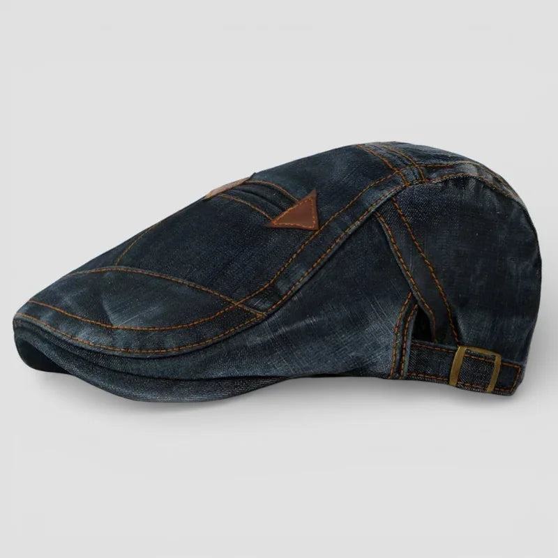 Dark blue denim flat cap Jean Beret with brown leather patch and brass buckle