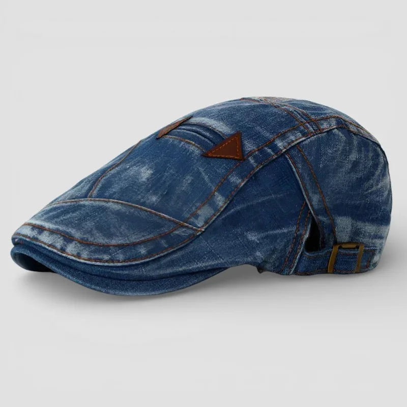 Jean Beret denim flat cap with brown leather accents and visible stitching