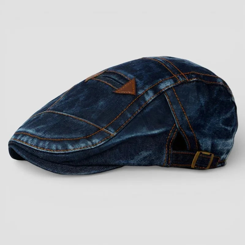 Jean Beret denim flat cap with brown leather accents and stitching