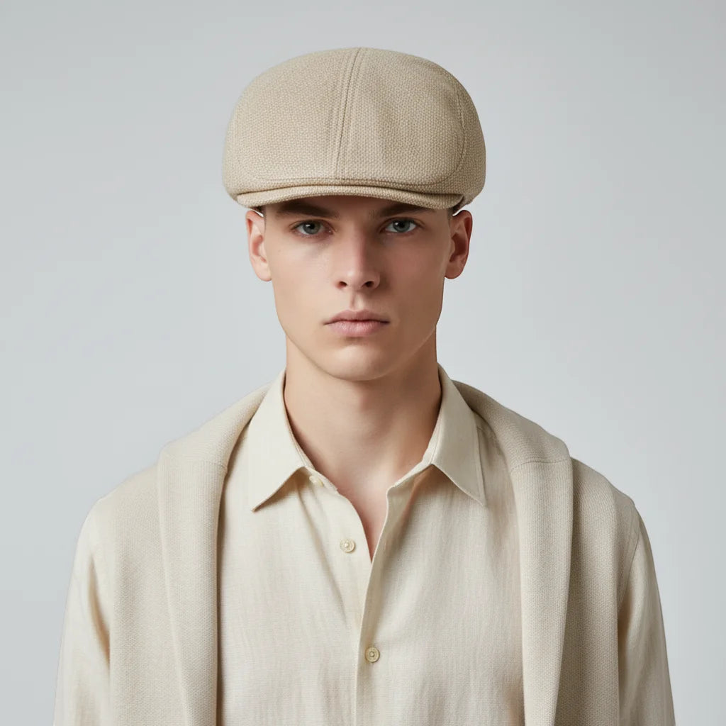 Khaki beret cap: beige woolen flat cap with six-panel design and stitching