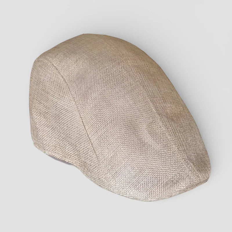 Khaki beret cap in beige woven fabric with subtle herringbone pattern