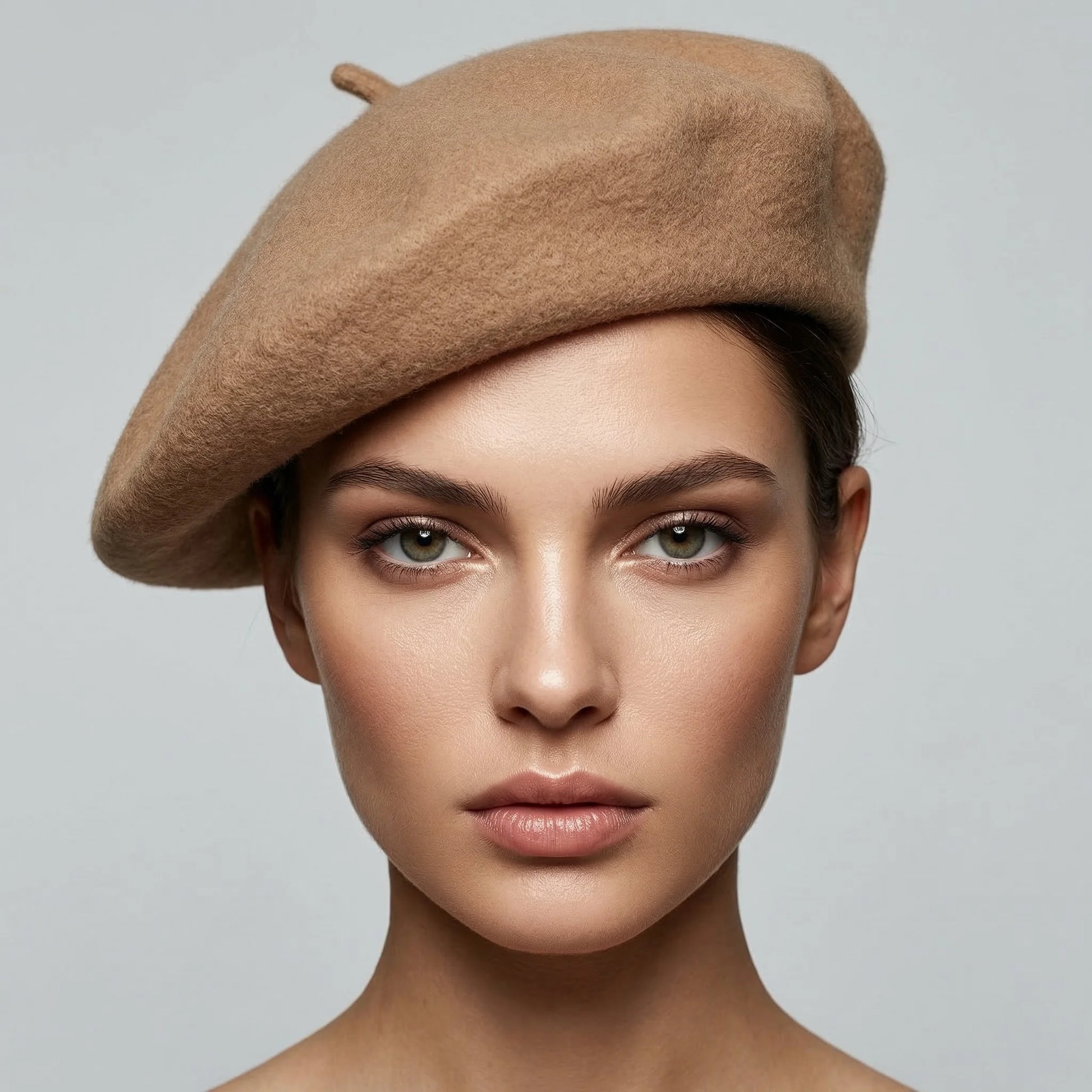 Khaki Beret soft tan wool with subtle texture and top button