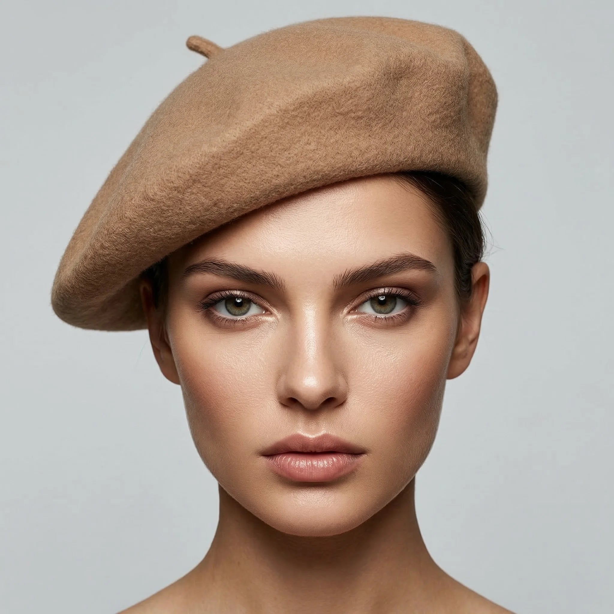 Khaki Beret soft tan wool with subtle texture and top button