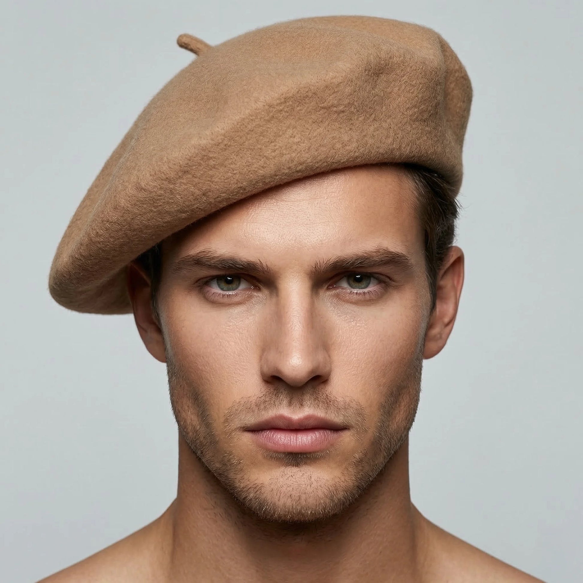 Khaki beret in tan felt with small decorative button on top