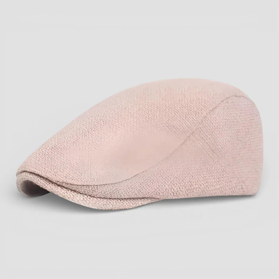 Khaki flat cap beret in soft pink textured weave with folded brim