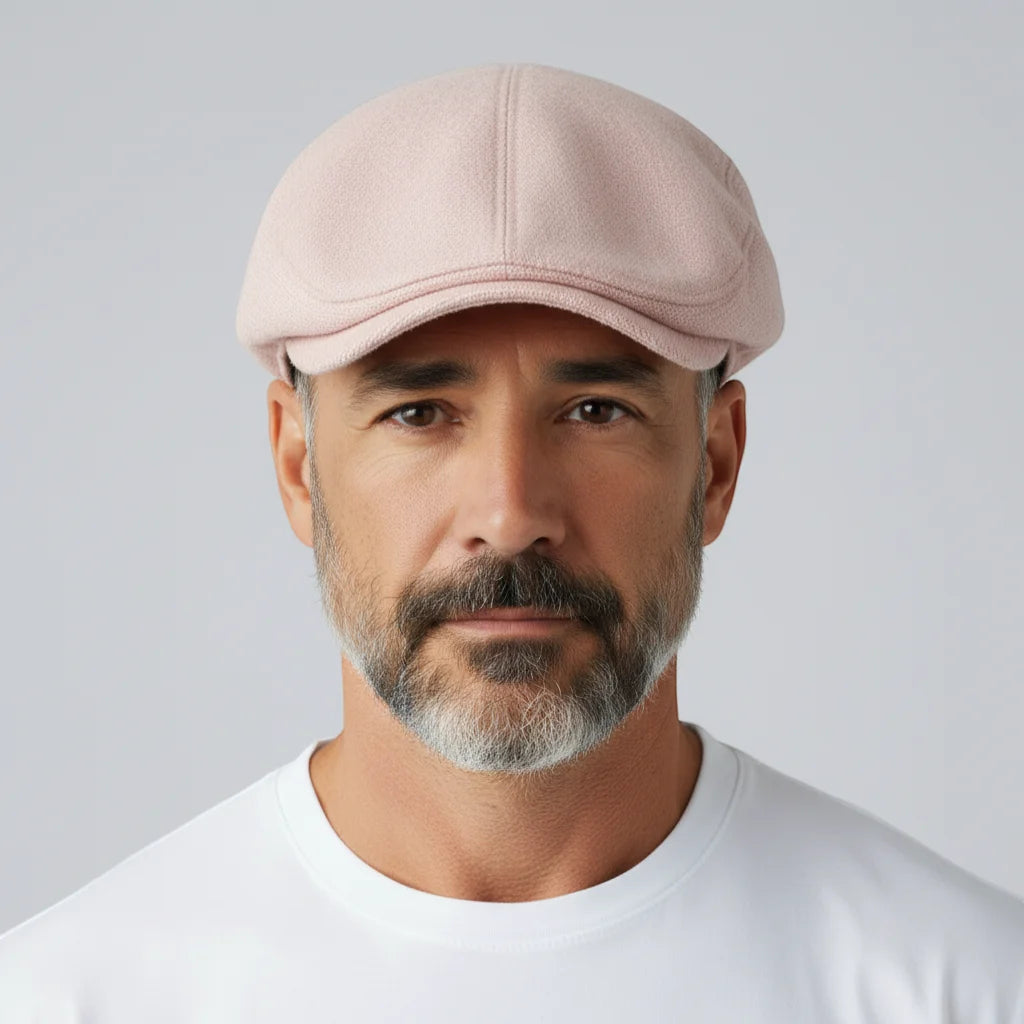 Soft pink woolen six-panel flat cap beret with stitched seams
