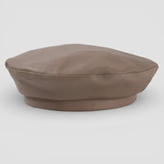 Khaki leather beret in taupe with smooth padded crown and stitched edges