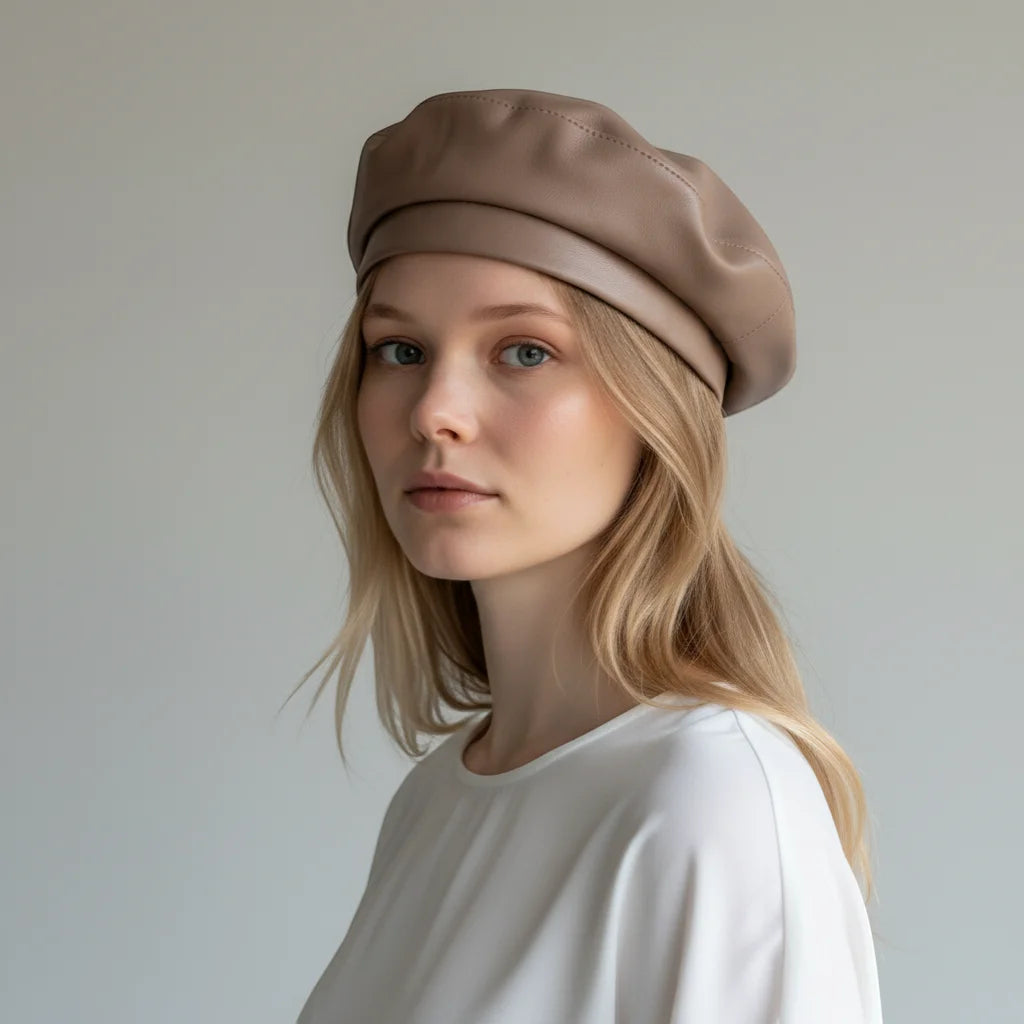 Khaki leather beret in soft taupe with glossy finish and stitching