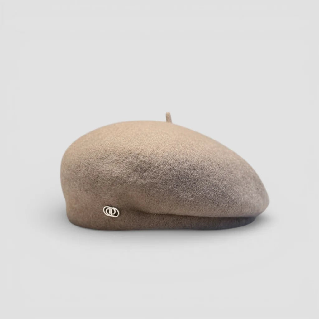 Taupe knit beret cap with metallic side logo and fabric top button