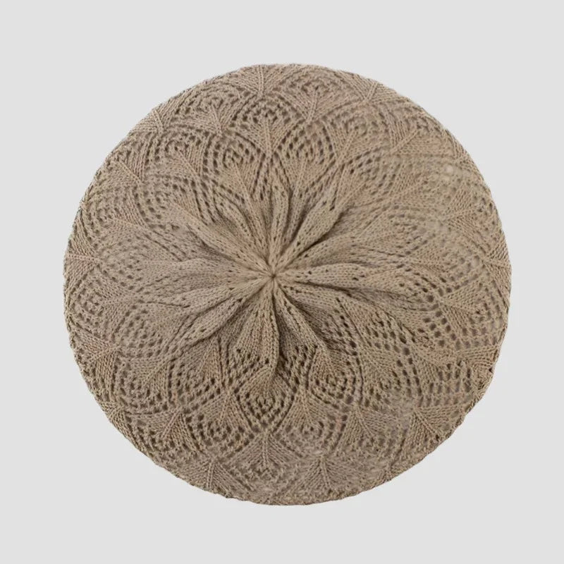 Beige knitted beret with symmetrical lace pattern from Knit Beret Pattern