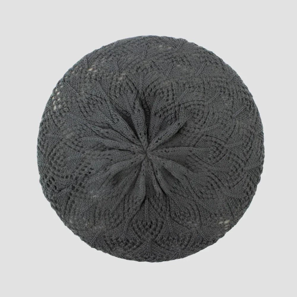 Dark gray knitted beret with intricate leaf pattern design