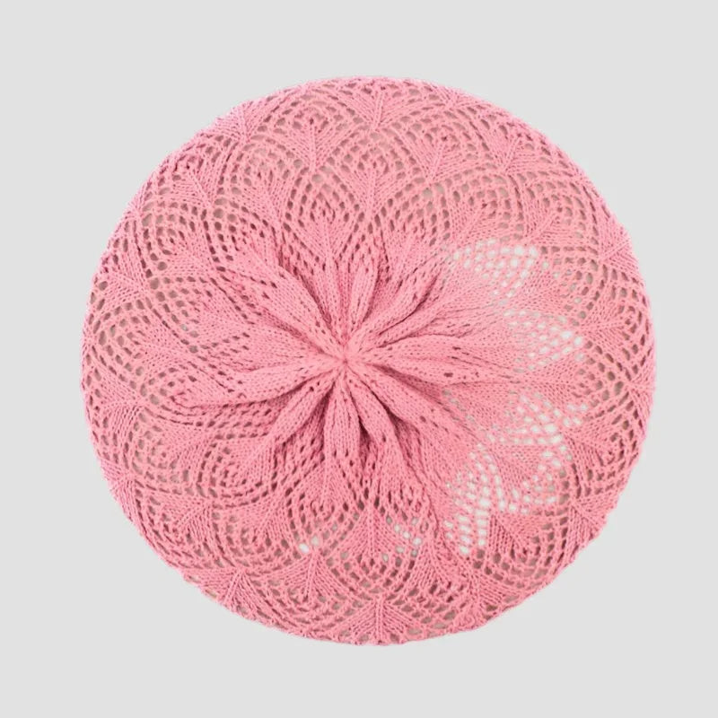 Delicate pink Knit Beret Pattern with symmetrical lace design