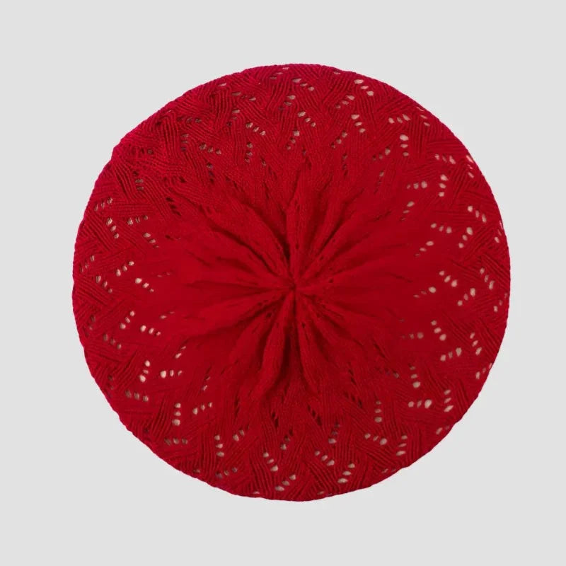 Vibrant red circular Knit Beret Pattern with lace-like texture