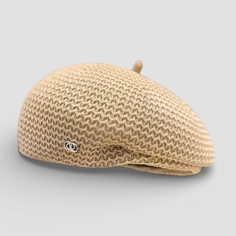 Knit beret women in beige woven straw with metallic side logo