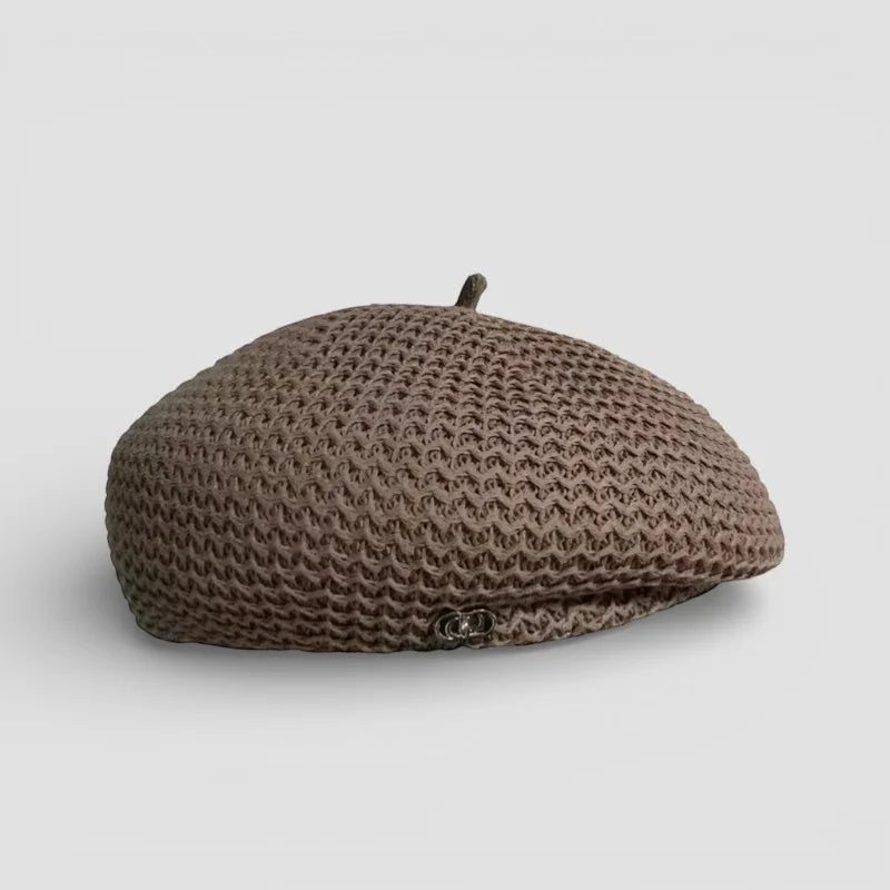 Knit beret women: brown knitted with metallic logo and fabric button