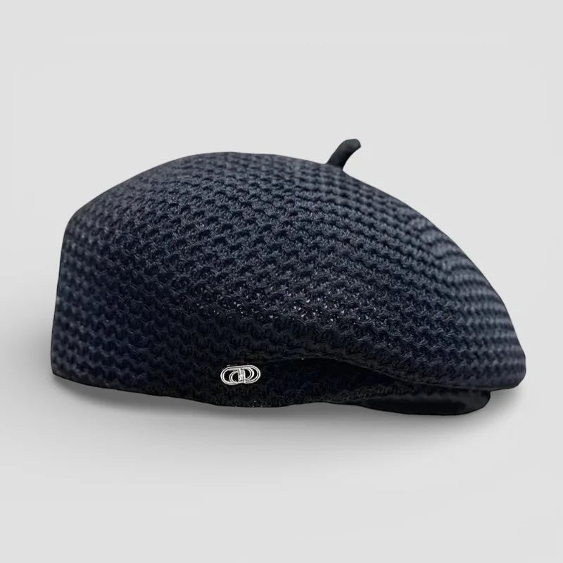 Dark navy Knit Beret Women with textured pattern and metallic logo