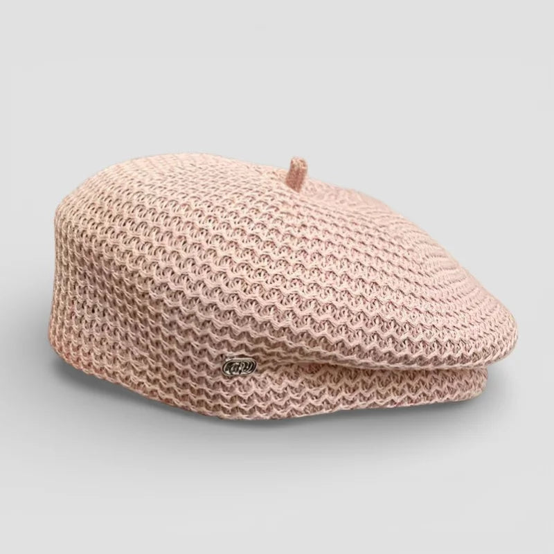 Soft pink Knit Beret Women with wavy texture and top button