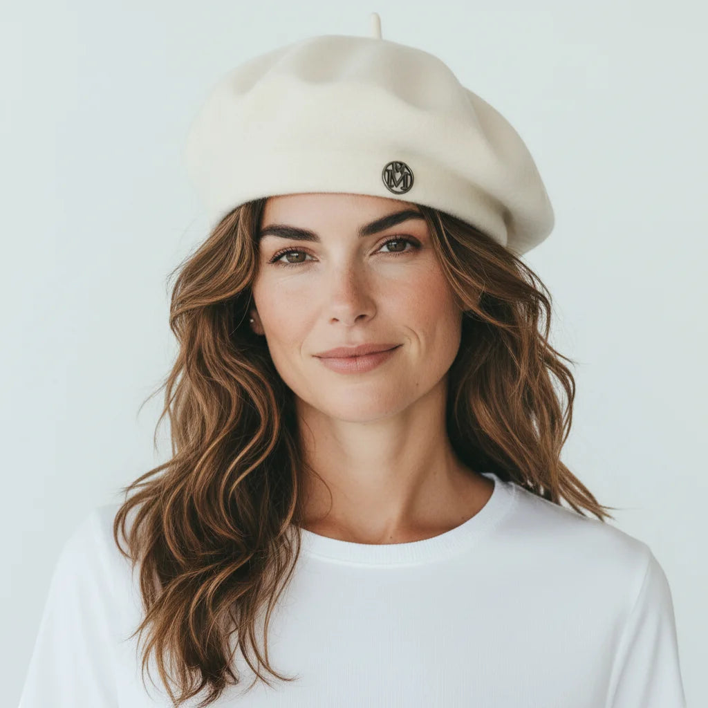 Cream-colored Knit Wool Beret with small circular front logo