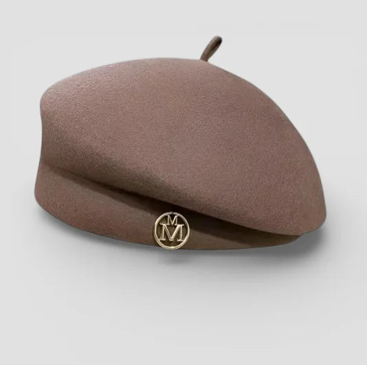 Taupe knit wool beret with gold m emblem