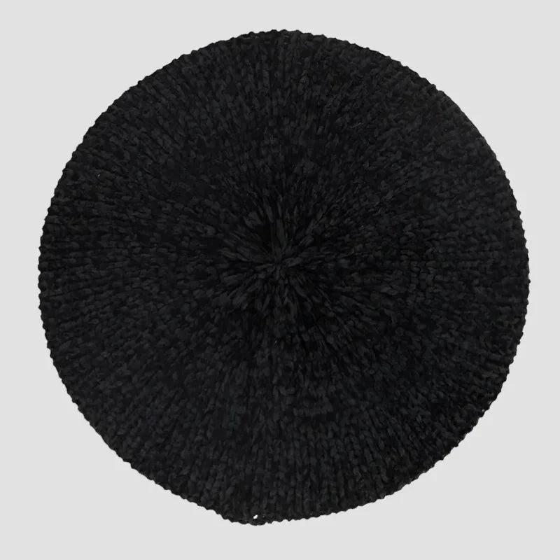 Black circular textured knitted beret hat with woven pattern