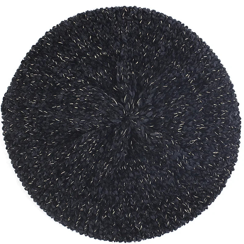 Black knit beret with silver accents.