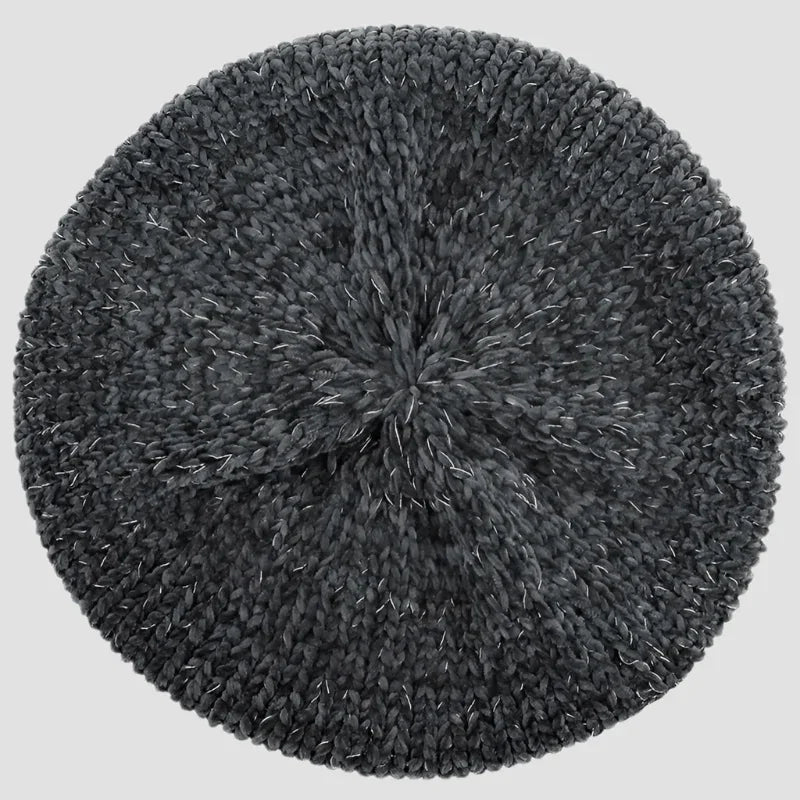 Gray knitted beret with silver accents.