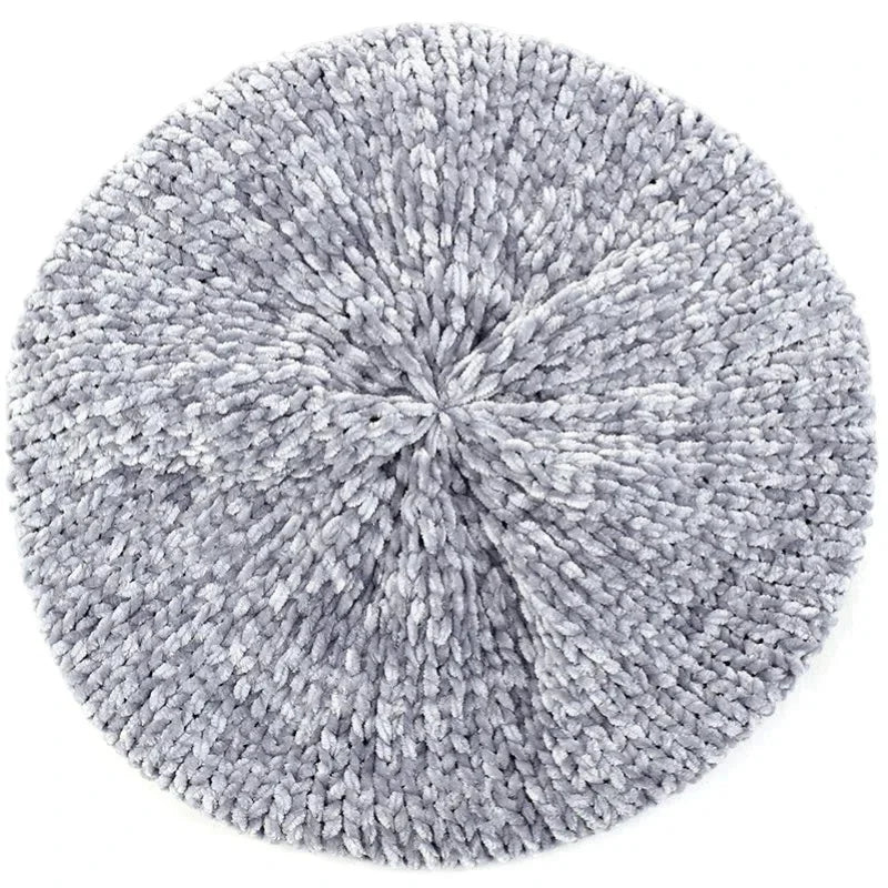 Soft light gray knitted beret hat with fluffy textured knit