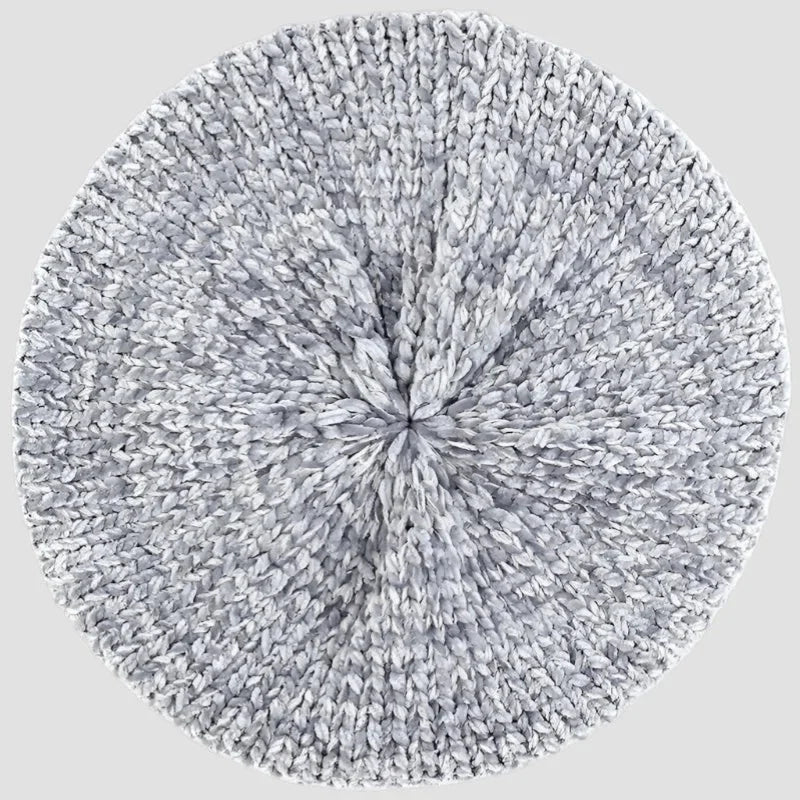 Soft light gray Knitted Beret Hat with textured circular pattern