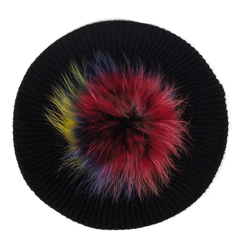 Black knit beret with colorful pompom.
