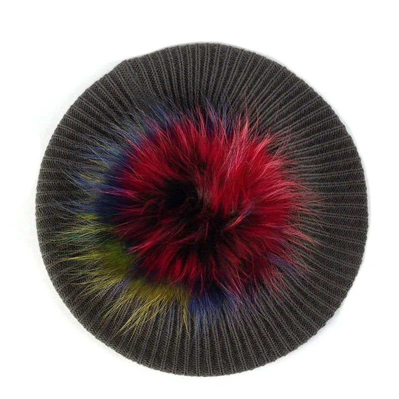 Gray knit beret with colorful pompom.