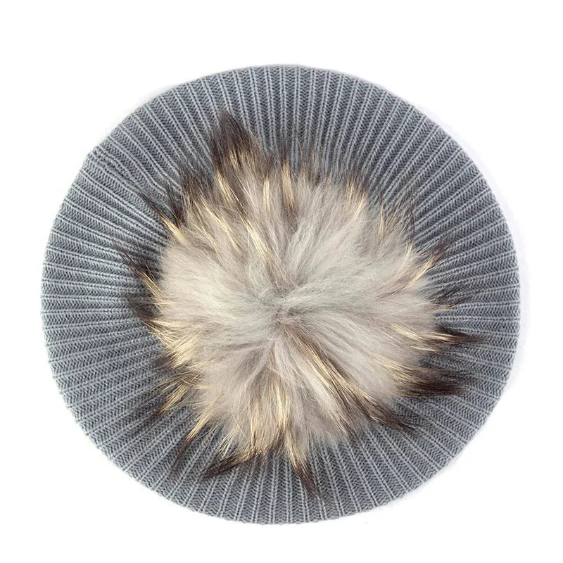 Gray knit beret with fur pompom.