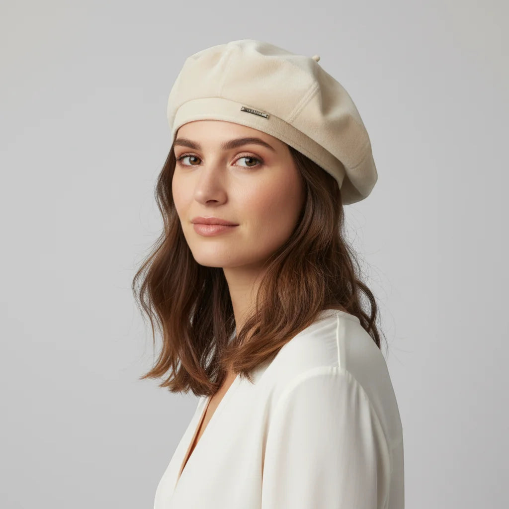 Ladies French beret in beige with subtle side brand tag