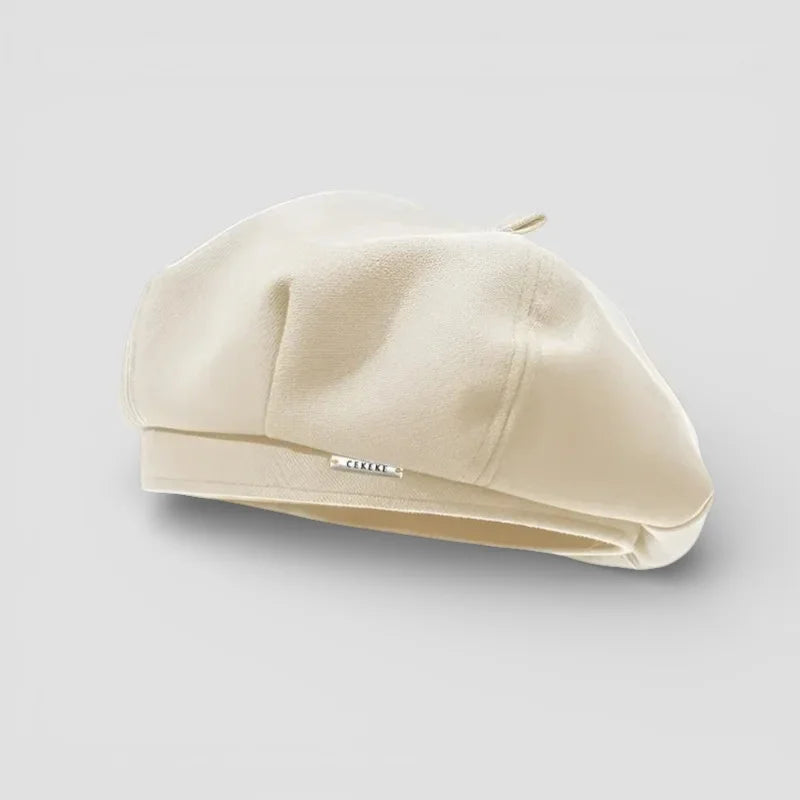 Cream-colored wool Ladies French Beret with metallic button