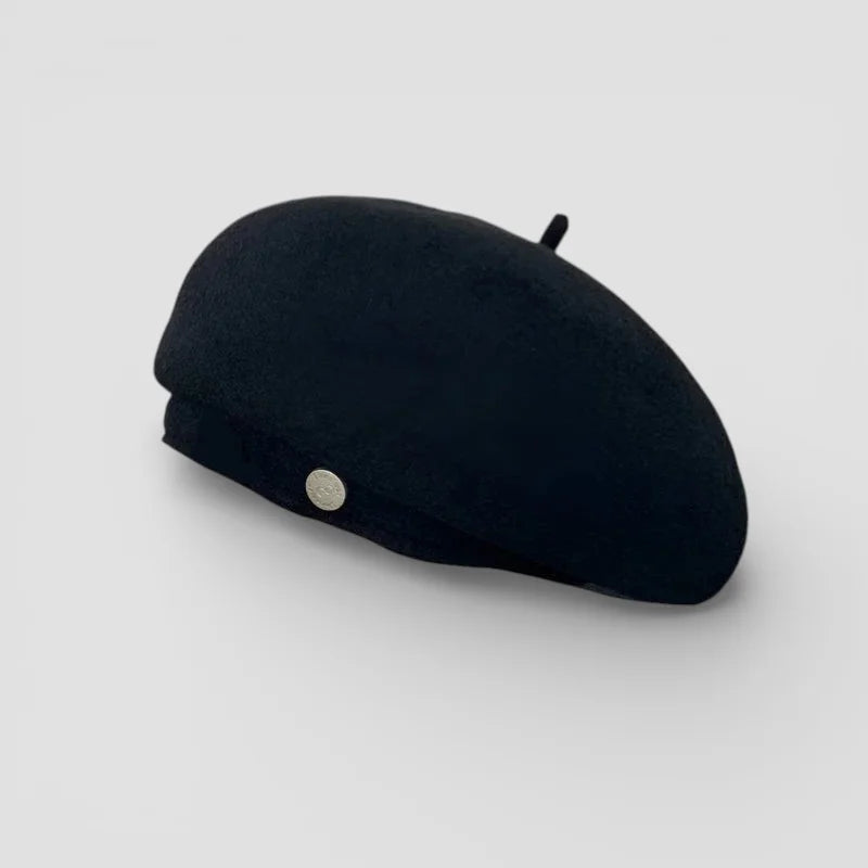 Ladies wool beret back view with silver button and black band