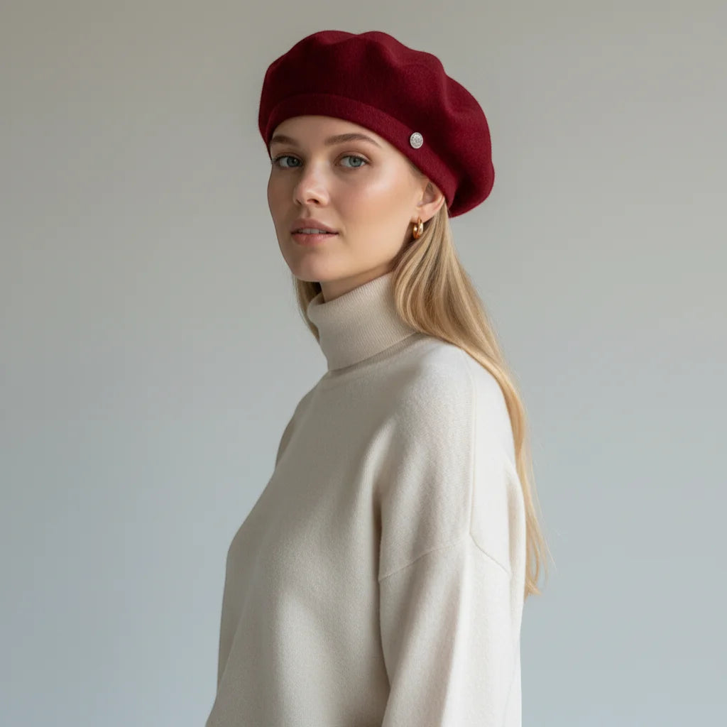 Rich burgundy velvet ladies wool beret with silver button