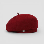 Rich red wool ladies beret with visor and metallic button
