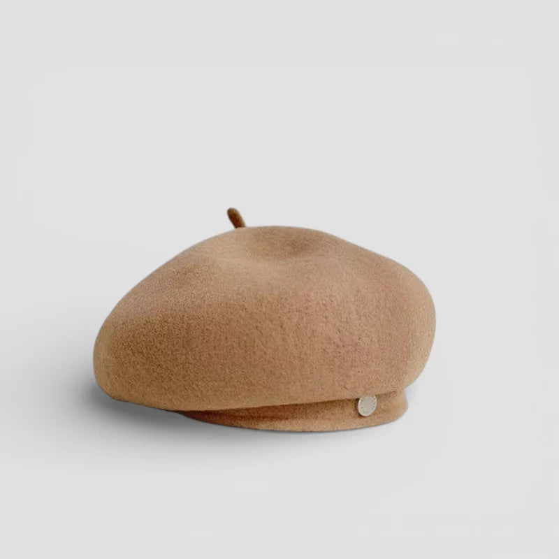 Ladies wool beret in soft tan felt with brown button and stem