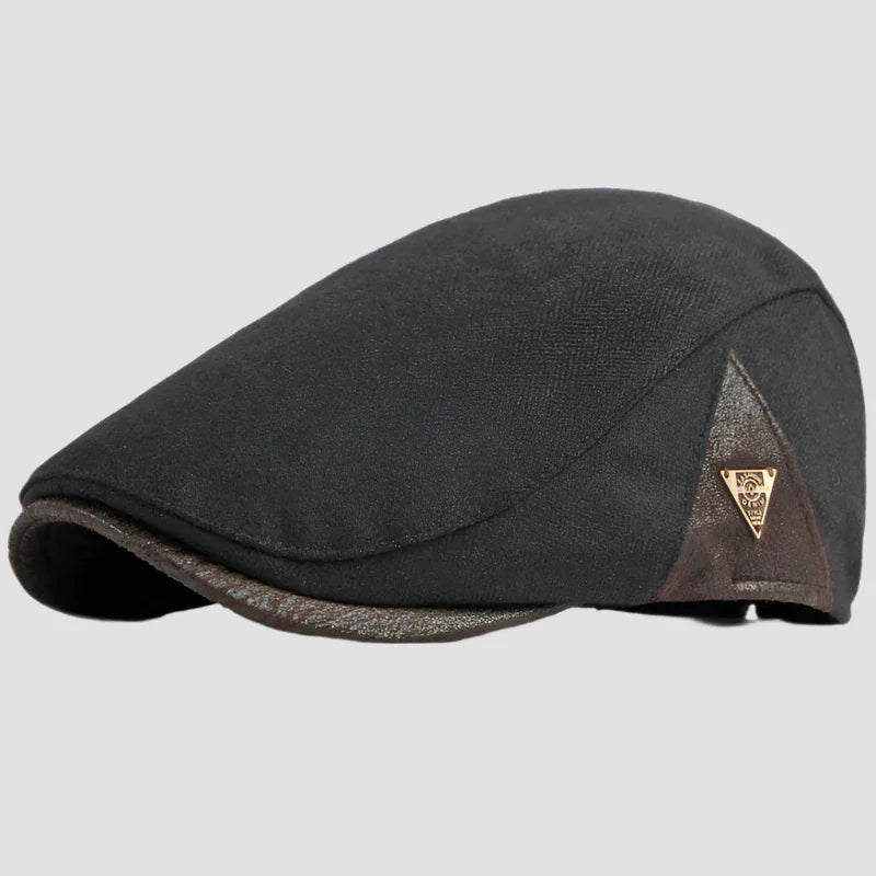 Black flat cap with brown accent.